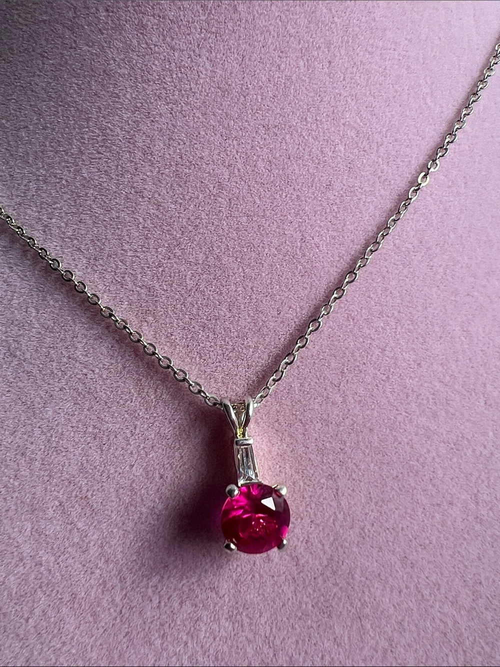 Silver Necklace with Bright Pink Round Gemstone Pendant
